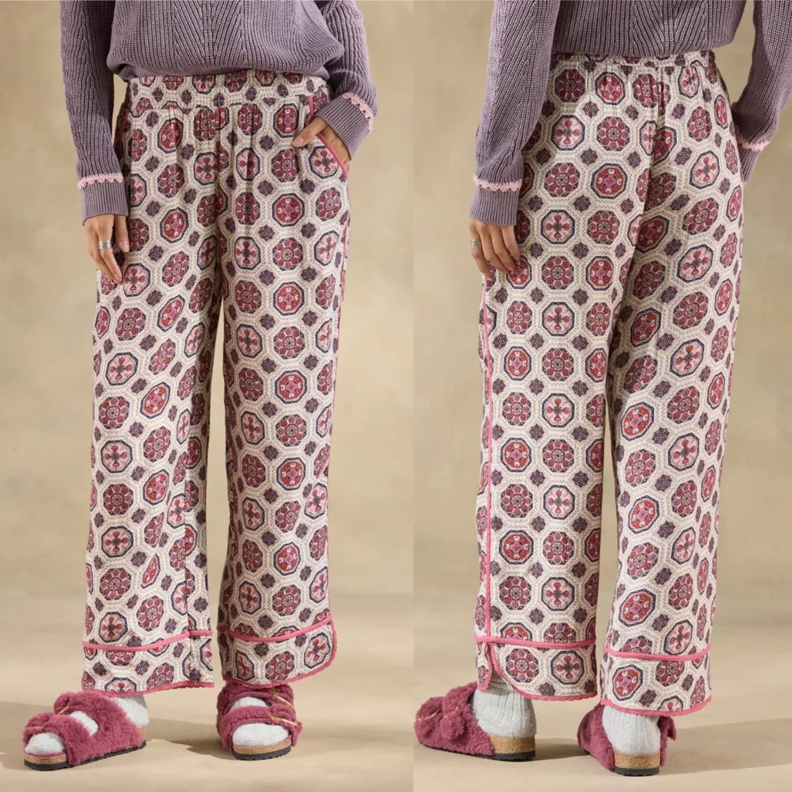 Sundance Women Pants M Pink Geometric Wide Leg Smocked Elastic Waist Boho Lounge